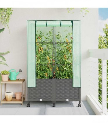 vidaXL Garden Planter with Greenhouse Cover&Wheels 2 pcs Light Grey PP