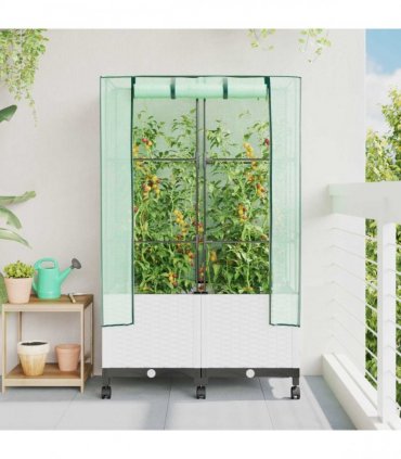 vidaXL Garden Planter with Greenhouse Cover&Wheels 2 pcs White PP