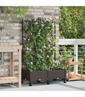 vidaXL Garden Planter with Trellis&Wheels 2 pcs Brown PP