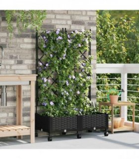 vidaXL Garden Planter with Trellis&Wheels 2 pcs Black PP