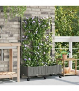 vidaXL Garden Planter with Trellis&Wheels 2 pcs Light Grey PP