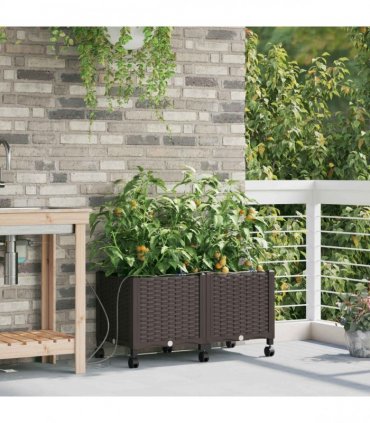 vidaXL Garden Planter with Irrigation&Wheels 2 pcs Brown PP