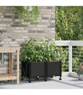 vidaXL Garden Planter with Irrigation&Wheels 2 pcs Black PP