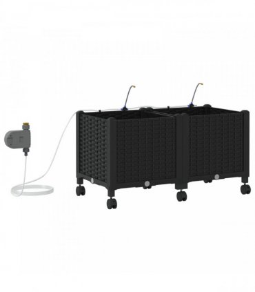 vidaXL Garden Planter with Irrigation&Wheels 2 pcs Black PP