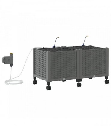 vidaXL Garden Planter with Irrigation&Wheels 2 pcs Light Grey PP
