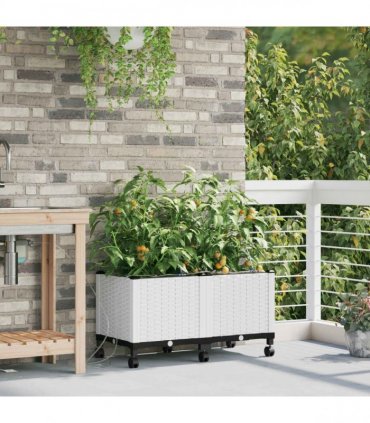 vidaXL Garden Planter with Irrigation&Wheels 2 pcs White PP