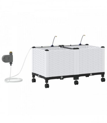vidaXL Garden Planter with Irrigation&Wheels 2 pcs White PP