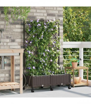 vidaXL Garden Planter with Irrigation&Wheels 2 pcs Brown PP