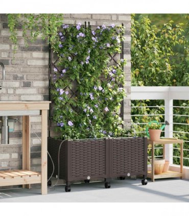 vidaXL Garden Planter with Irrigation&Wheels 2 pcs Brown PP