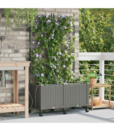 vidaXL Garden Planter with Irrigation&Wheels 2 pcs Light Grey PP