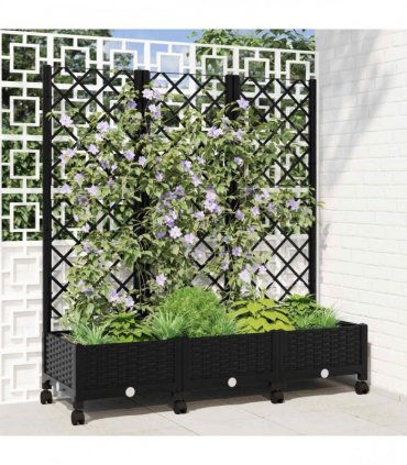 vidaXL Garden Planter with Trellis&Wheels Black 120 x 40 x 131.5 cm PP