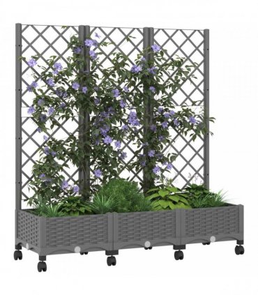 vidaXL Garden Planter with Trellis&Wheels Light Grey PP