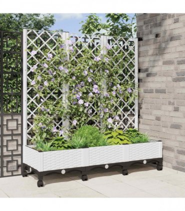 vidaXL Garden Planter with Trellis&Wheels White 120 x 40 x 131.5 cm PP