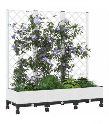 vidaXL Garden Planter with Trellis&Wheels White 120 x 40 x 131.5 cm PP