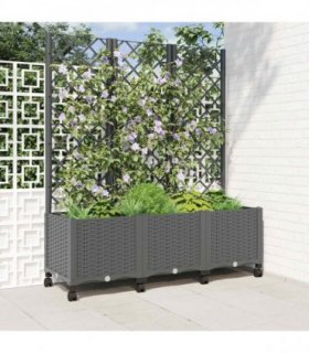vidaXL Garden Planter with Trellis&Wheels Light Grey 120 x 40 x 146 cm