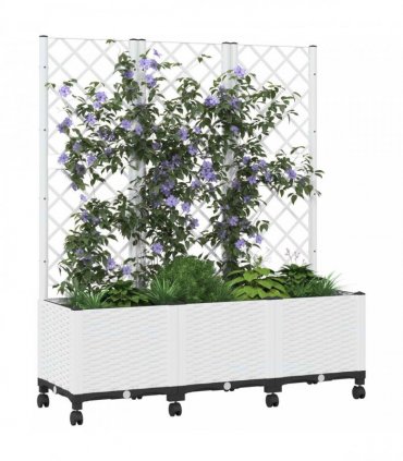 vidaXL Garden Planter with Trellis&Wheels White 120 x 40 x 146 cm PP