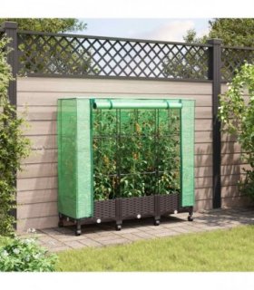 vidaXL Garden Planter with Greenhouse Cover&Wheels 3 pcs Brown PP