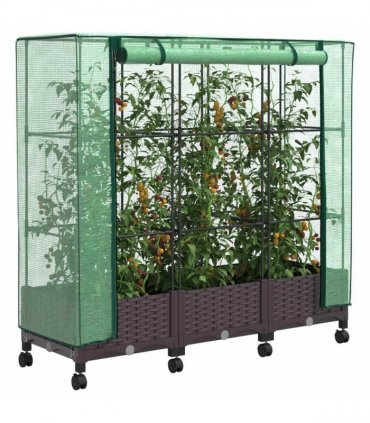 vidaXL Garden Planter with Greenhouse Cover&Wheels 3 pcs Brown PP