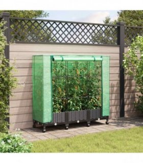 vidaXL Garden Planter with Greenhouse Cover&Wheels 3 pcs Black PP