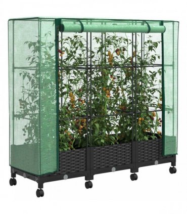 vidaXL Garden Planter with Greenhouse Cover&Wheels 3 pcs Black PP