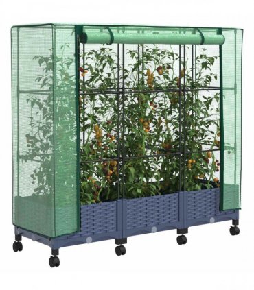 vidaXL Garden Planter with Greenhouse Cover&Wheels 3 pcs Blue Grey PP