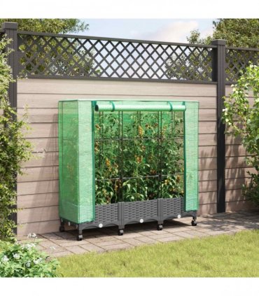vidaXL Garden Planter with Greenhouse Cover&Wheels 3 pcs Light Grey PP