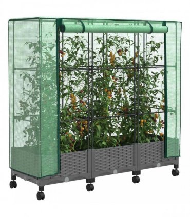 vidaXL Garden Planter with Greenhouse Cover&Wheels 3 pcs Light Grey PP