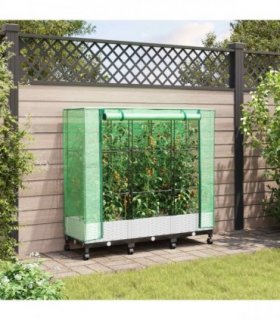 vidaXL Garden Planter with Greenhouse Cover&Wheels 3 pcs White PP