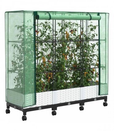 vidaXL Garden Planter with Greenhouse Cover&Wheels 3 pcs White PP