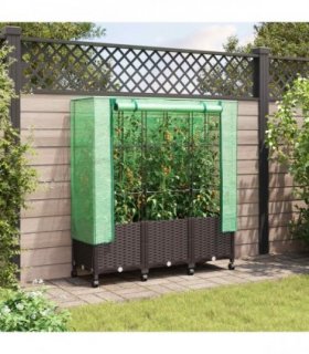 vidaXL Garden Planter with Greenhouse Cover&Wheels 3 pcs Brown PP