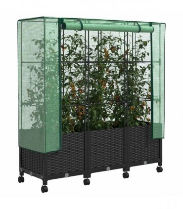 vidaXL Garden Planter with Greenhouse Cover&Wheels 3 pcs Black PP