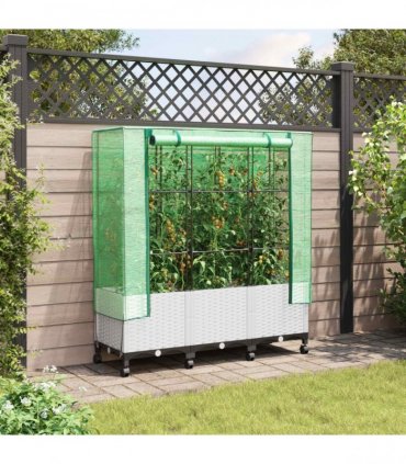 vidaXL Garden Planter with Greenhouse Cover&Wheels 3 pcs White PP