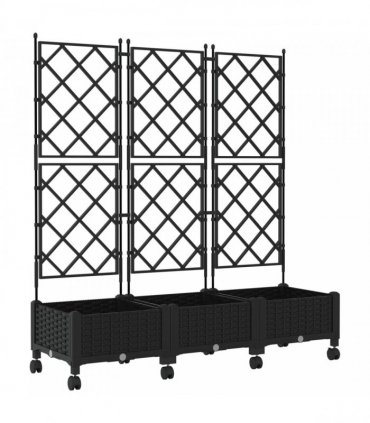 vidaXL Garden Planter with Trellis&Wheels 3 pcs Black PP