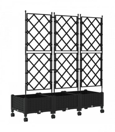 vidaXL Garden Planter with Trellis&Wheels 3 pcs Black PP