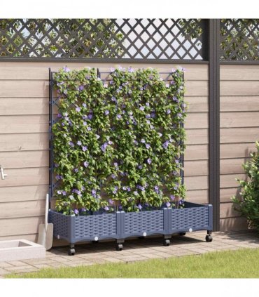 vidaXL Garden Planter with Trellis&Wheels 3 pcs Grey PP