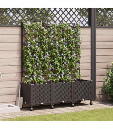vidaXL Garden Planter with Trellis&Wheels 3 pcs Brown PP