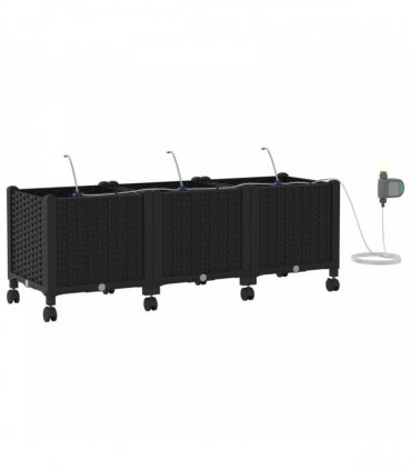 vidaXL Garden Planter with Irrigation&Wheels 3 pcs Black PP