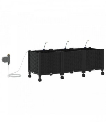 vidaXL Garden Planter with Irrigation&Wheels 3 pcs Black PP