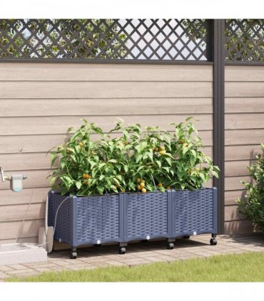 vidaXL Garden Planter with Irrigation&Wheels 3 pcs Grey PP