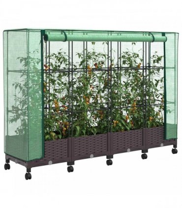 vidaXL Garden Planter with Greenhouse Cover&Wheels 4 pcs Brown PP