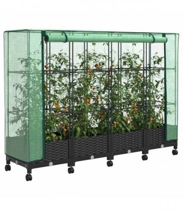 vidaXL Garden Planter with Greenhouse Cover&Wheels 4 pcs Black PP