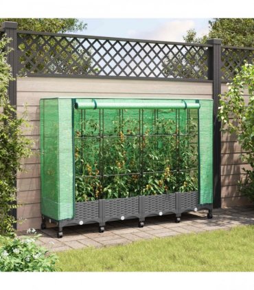 vidaXL Garden Planter with Greenhouse Cover&Wheels 4 pcs Light Grey PP