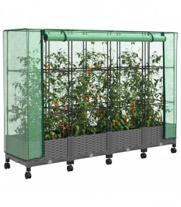 vidaXL Garden Planter with Greenhouse Cover&Wheels 4 pcs Light Grey PP