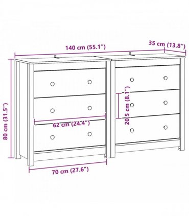 vidaXL Sideboard 2 pcs Wax Brown 140 x 35 x 80 cm Solid Pine Wood