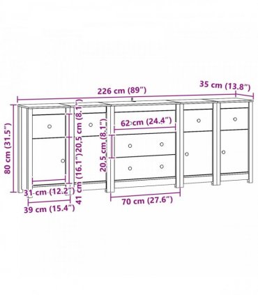 vidaXL Sideboard 5 pcs Wax Brown 226 x 35 x 80 cm Solid Pine Wood