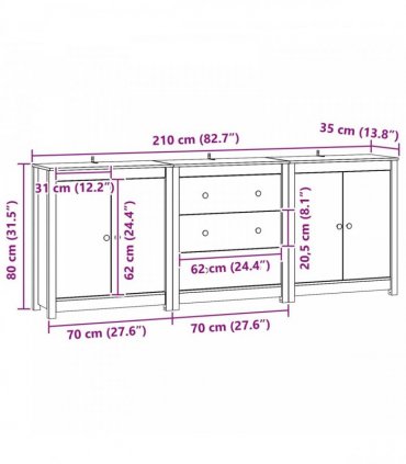 vidaXL Sideboard 3 pcs Wax Brown 210 x 35 x 80 cm Solid Pine Wood