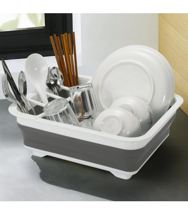 Dish Drainer - White & Grey Plastic 36.5 x 31.5 x 12.3 cm Compact Drying Rack