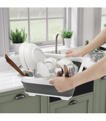 Dish Drainer - White & Grey Plastic 36.5 x 31.5 x 12.3 cm Compact Drying Rack