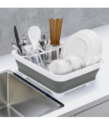 Dish Drainer - White & Grey Plastic 36.5 x 31.5 x 12.3 cm Compact Drying Rack