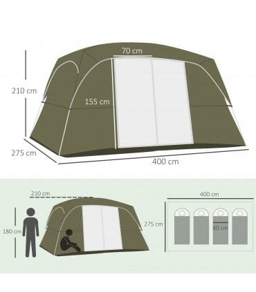 Camping Tent 4-8 Person 2 Room Green Taffeta Fabric 400L x 275W x 210Hcm